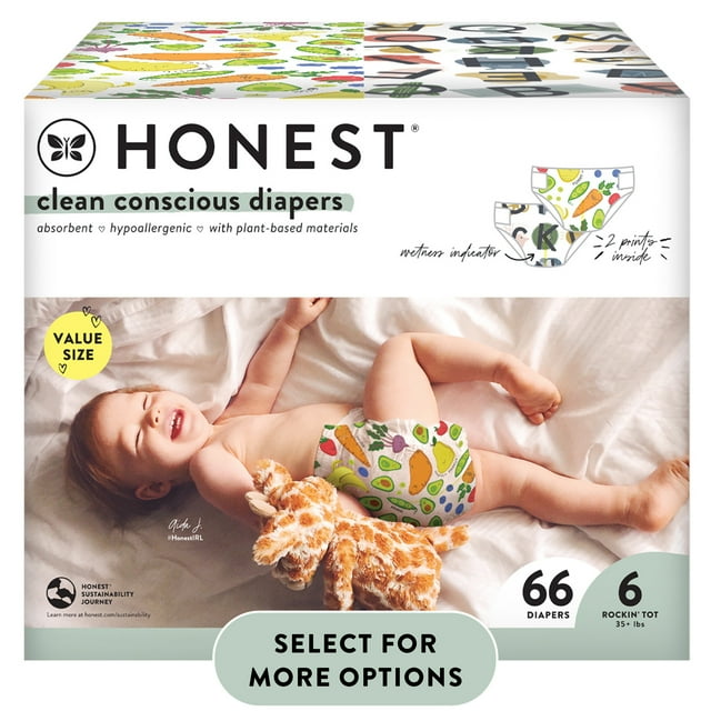 The Honest Company, Clean Conscious Disposable Baby Diapers, All The Letters & So Delish Prints, Size 6, 66 Count (Select for More Options) The Honest Company