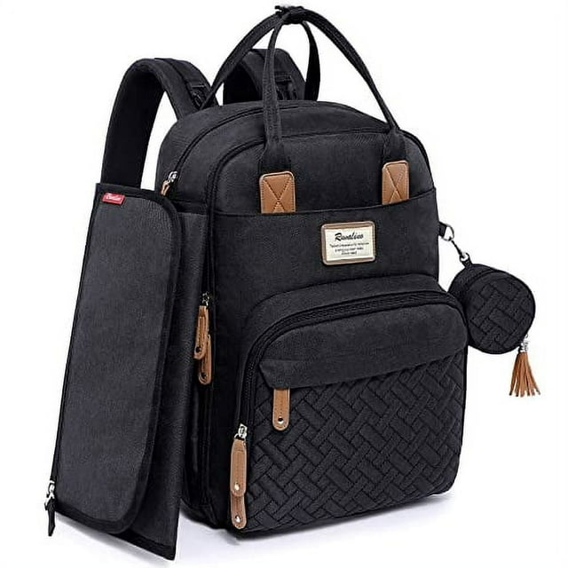 Ruvalino Mochila para Pañales de Bebé con Portachupete, Bolsa de Viaje Multifuncional, Negro, Grande Ruvalino