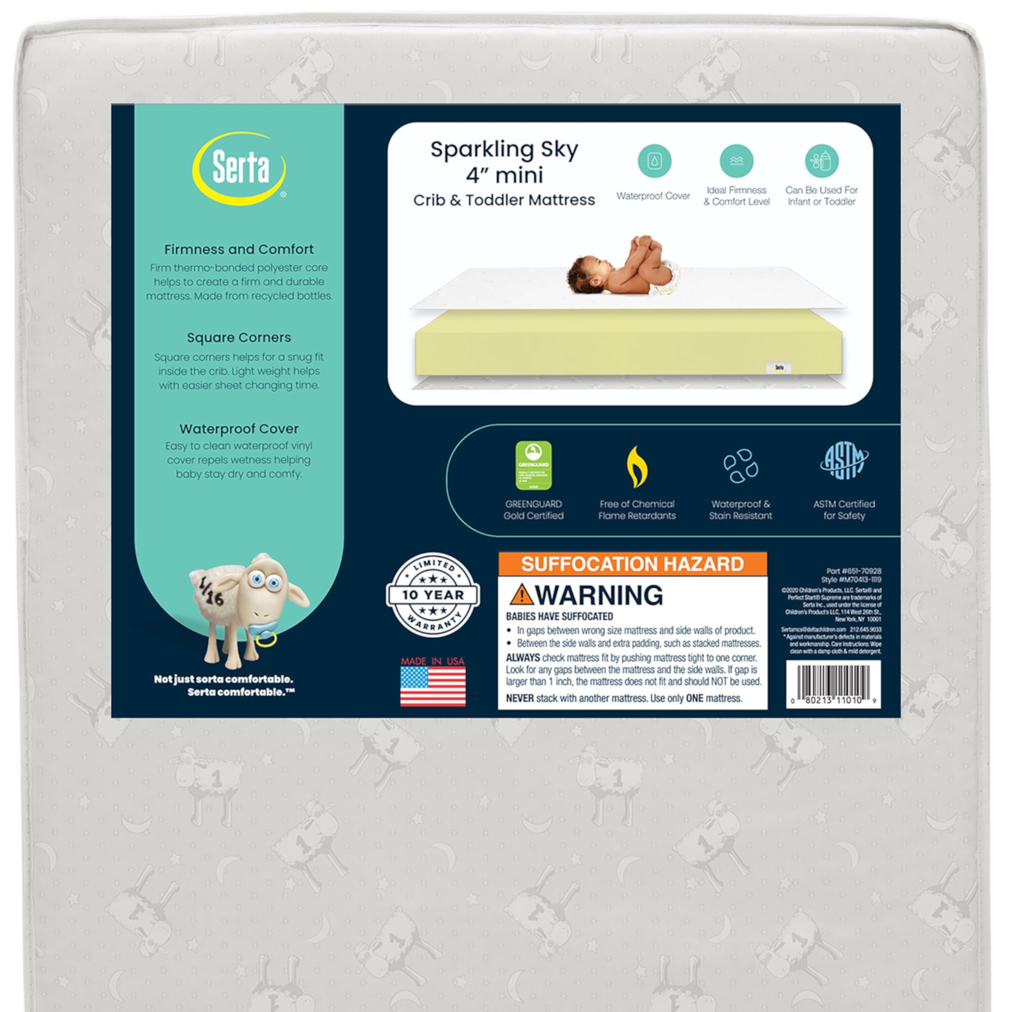 Serta Sparkling Sky 4" Mini/Portable Dual Sided Crib & Toddler Mattress, GREENGUARD Gold Certified Serta