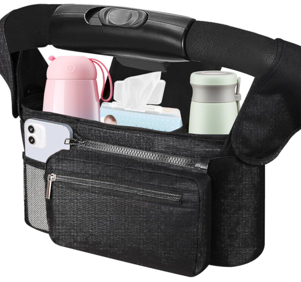 Universal Stroller Organizer Non Slip Straps Stroller Caddy with Insulated 2 Cup Holder-Detachable Phone Bag & Shoulder Strap,Fits for Stroller Like Uppababy,Baby Jogger and Pet Stroller,Black BUSATIA