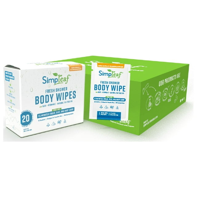 Body Shower Wipes | (12X12 inch) XL Individually Pack Biodegradable Face and Body Wipes | Alcohol Free |Vitamin E Infused Natural Tea Tree Oil with Peppermint Oil for Cooling ‚Äì 10 Counts Simpleaf