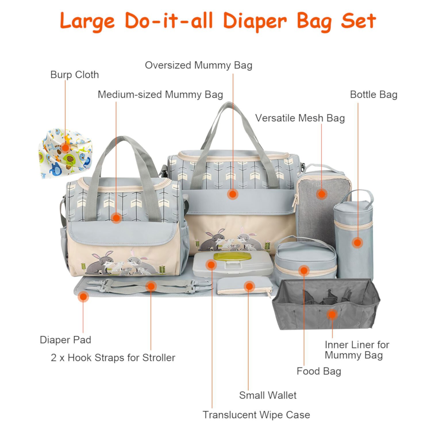 Toddler Nappy Diaper Bags Set TeqHome Diaper Shoulder Bags Maternity Tote Diaper Bag Set with Food Bag Bottle Bag Diaper Pad Burp Cloth 2 Hook Straps Grey TeqHome