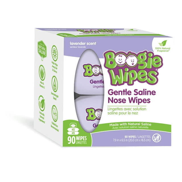 Boogie Wipes Gentle Saline Wet Wipes for Runny or Dry Nose, Hypoallergenic, 100% Natural Lavender Fragrance, 90 Count Boogie