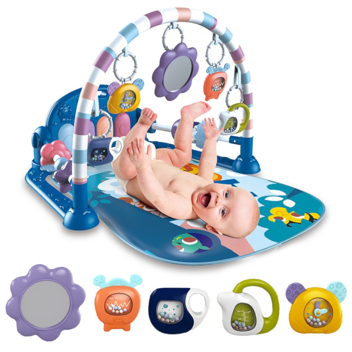 TEAYINGDE See Play Go 3-in-1 Fitness Rack with Music and Lights Baby Mat for Crawling, Blue TEAYINGDE