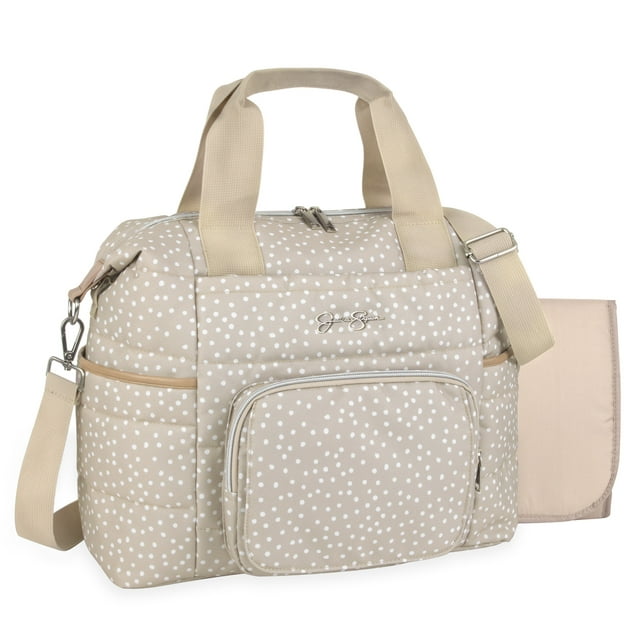 Jessica Simpson Quilted Baby Essentials Multifunction Multi-Pocket Fashion Diaper Bag Luggage Tote with Magnetic Front Wipes Pocket, Bottle Pockets & Changing Pad for Infant Boys & Girls in Taupe Dots Jessica Simpson