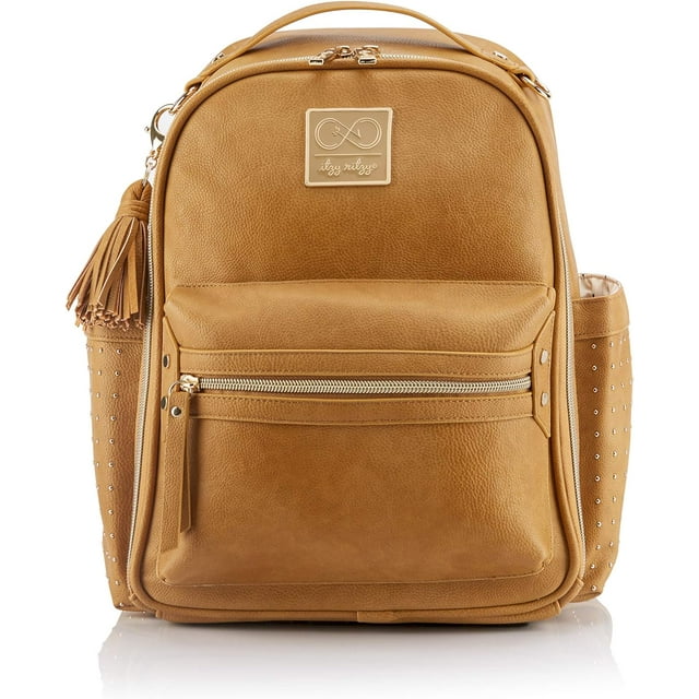 Itzy Ritzy Chelsea Cole Mini Diaper Bag Backpack - Studded Mini Backpack with Changing Pad, 8 Pockets, Rubber Feet & Tassel - Caramel with Sweetheart Print Interior and Gold Hardware Visit the Itzy Ritzy Store