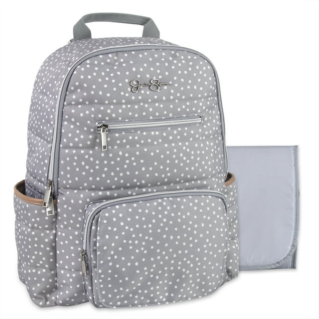 Jessica Simpson Gray Line Quilted Multi-Pocket Dual Zipper Closure Fashion Diaper Bag Backpack in Dots with Magnetic Front Baby Wipe Pocket, Matching 3-Ply Folding Baby Changing Pad Jessica Simpson