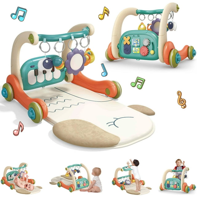 Fisca 3 in 1 Baby Gym Play Mat, Baby Activity Play Mat with Play Piano, Baby Play Gym with 5 Learning Sensory, Baby Learning Walkers & Tummy Time Mat for for 0-24 Months Infant Fisca