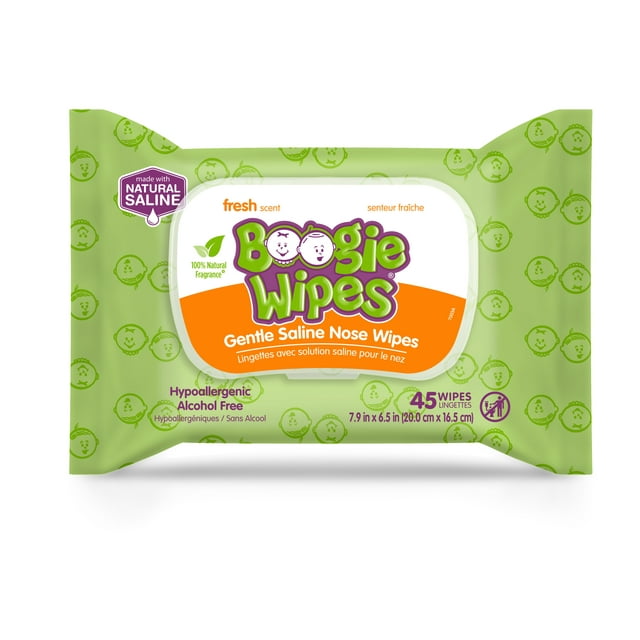 Boogie Wipes Gentle Saline Nose Wipes for All Skin Types, Fresh Scent, 45 Count Boogie