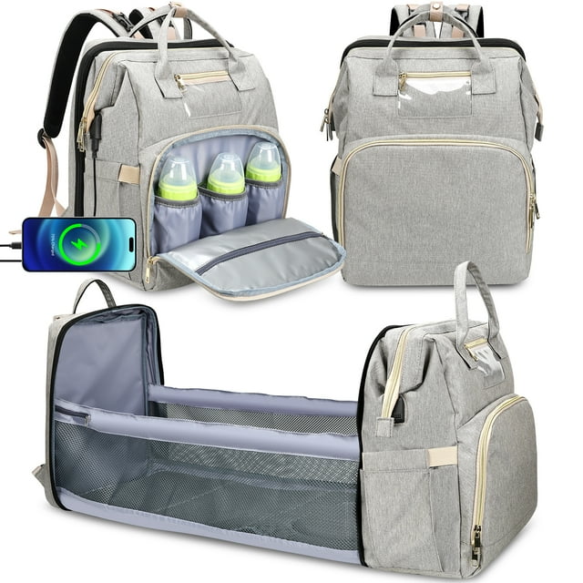 DERSTUEWE Diaper Bag Backpack,Multi-Functional Diaper Bag with Changing Station,USB Charging Port,Grey Color DERSTUEWE