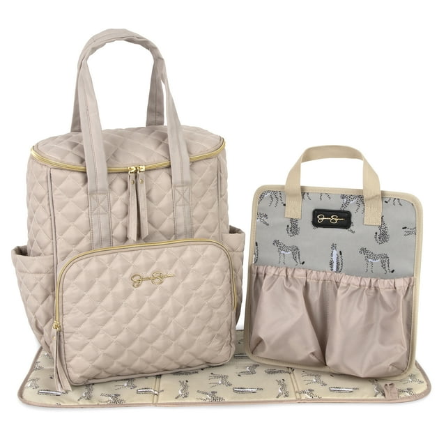 Jessica Simpson Taupe Diamond Quilted Multi-Pocket Dual Zipper Closure Fashion Diaper Bag Tote and Backpack with Running Cheetah Interior, Matching 3-Ply Folding Baby Changing Pad & Changing Caddy Jessica Simpson