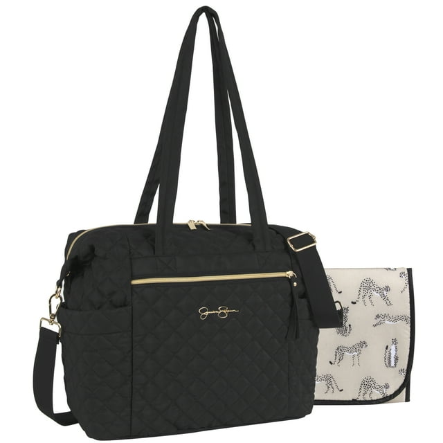 Jessica Simpson Large Black Diamond Stylish Quilted Essentials Multi-Pocket Dual Zipper Closure Fashion Diaper Bag Travel Tote Satchel with Luggage Strap, Running Cheetah Print Interior & Changing Pad Jessica Simpson