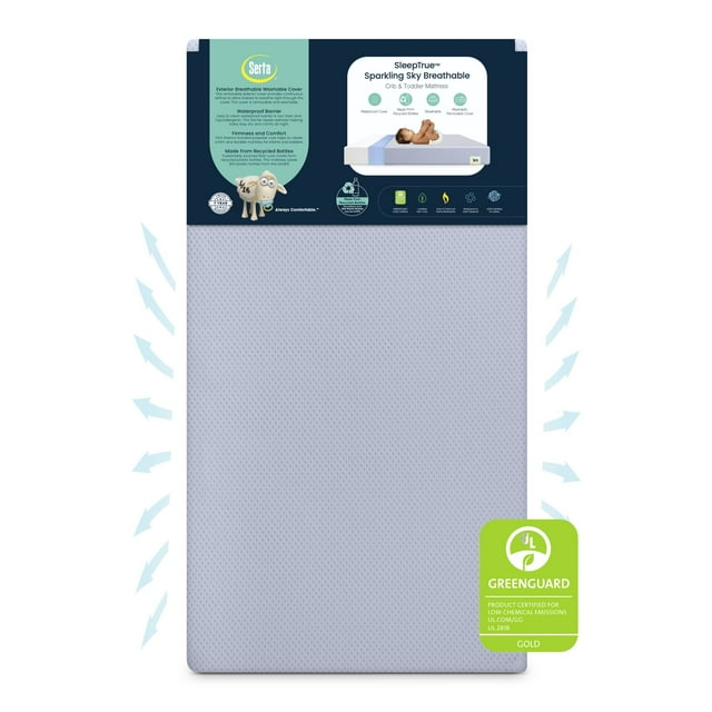 Serta SleepTrue Sparkling Sky Breathable Baby Bed Crib Mattress and Toddler Mattress with Removable/Machine Washable Cover - GREENGUARD Gold – Waterproof - Sustainably Sourced Core Fiber Core, Blue Serta