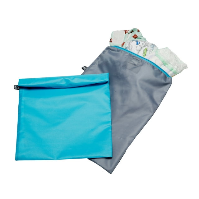 J.L. Childress Wet-to-Go Portable Wet and Dry Bags for Baby Diapers, Clothes, or Swimsuits, 2-Pack, Teal/Grey J.L. Childress