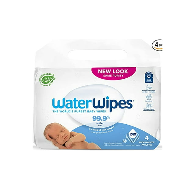 WaterWipes Biodegradable Original Baby Wipes,99.9% Water Based Wipes, Unscented & Hypoallergenic for Sensitive Skin, 240 Count (4 packs), Packaging May Vary WaterWipes