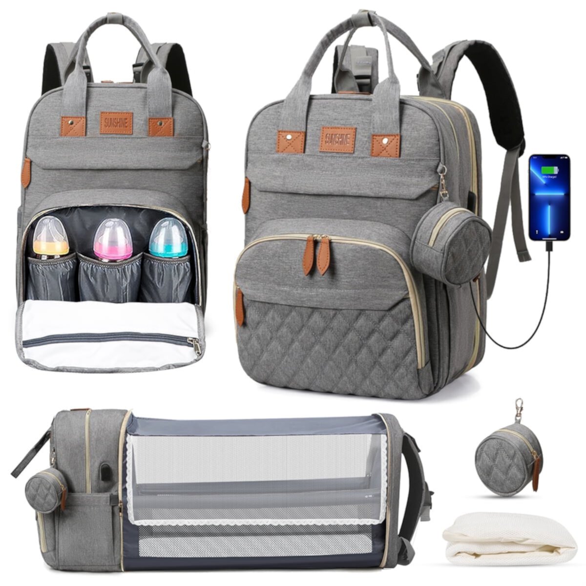 Diaper Bag Backpack, Multifunction Travel Pack Maternity Baby Changing Bags, Large Capacity, Waterproof, Gray GPED