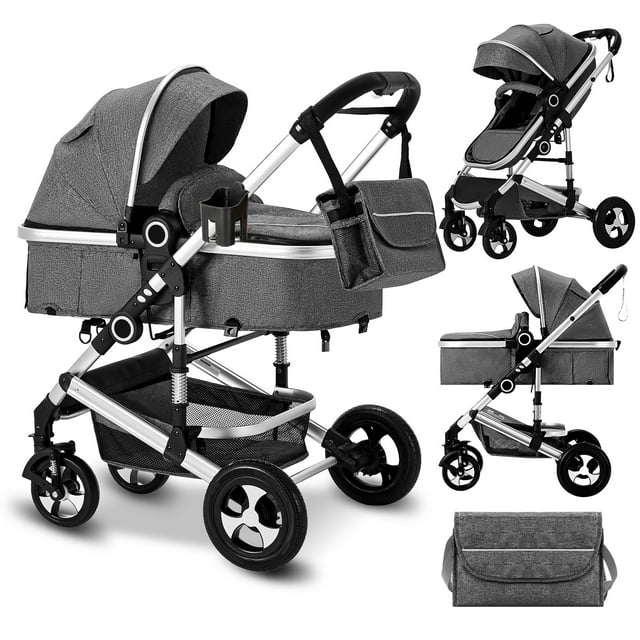 AILEEKISS 2 in 1 Convertible Baby Stroller, Unisex Folding Infant Newborn Bassinet Pram, Dark Grey AILEEKISS