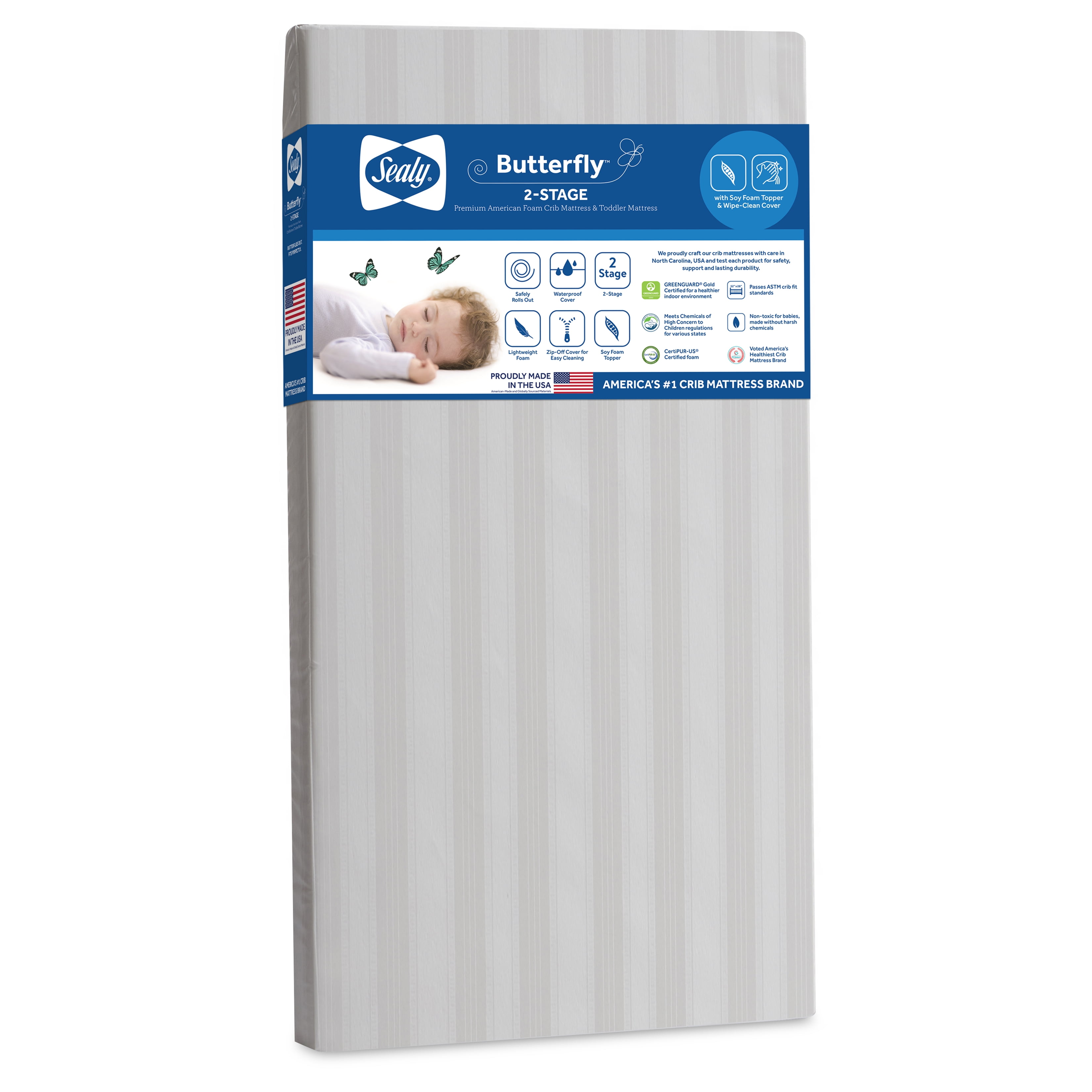 Sealy Butterfly 2-Stage Extra Firm Crib & Toddler Mattress, Foam, Waterproof Zip Cover Sealy