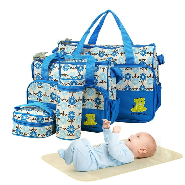 iMounTEK 5pieces Baby Diaper Bag Shoulder Backpack with Changing Pad, Multi-Function Travel Tote Bag Waterproof, Blue Imountek