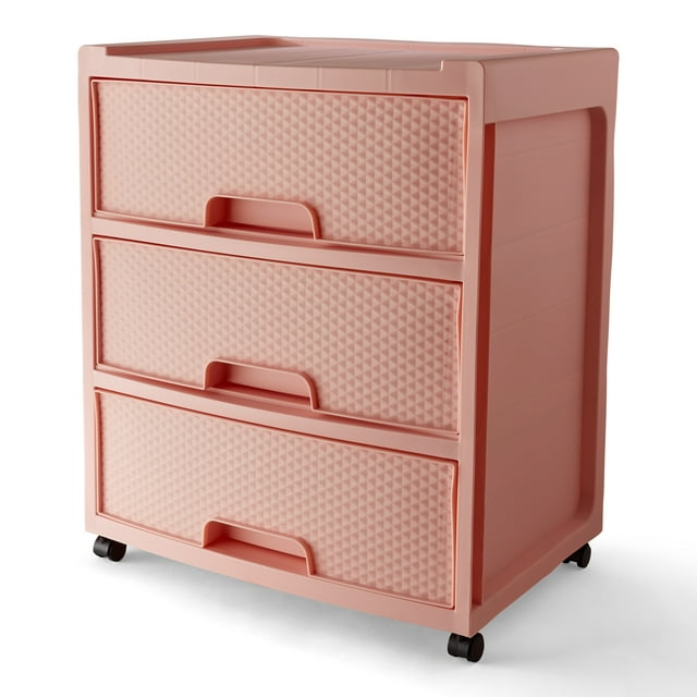 Mainstays 3 Drawer Wide Diamond Pearl Blush Plastic Storage Cart with Wheels Mainstays