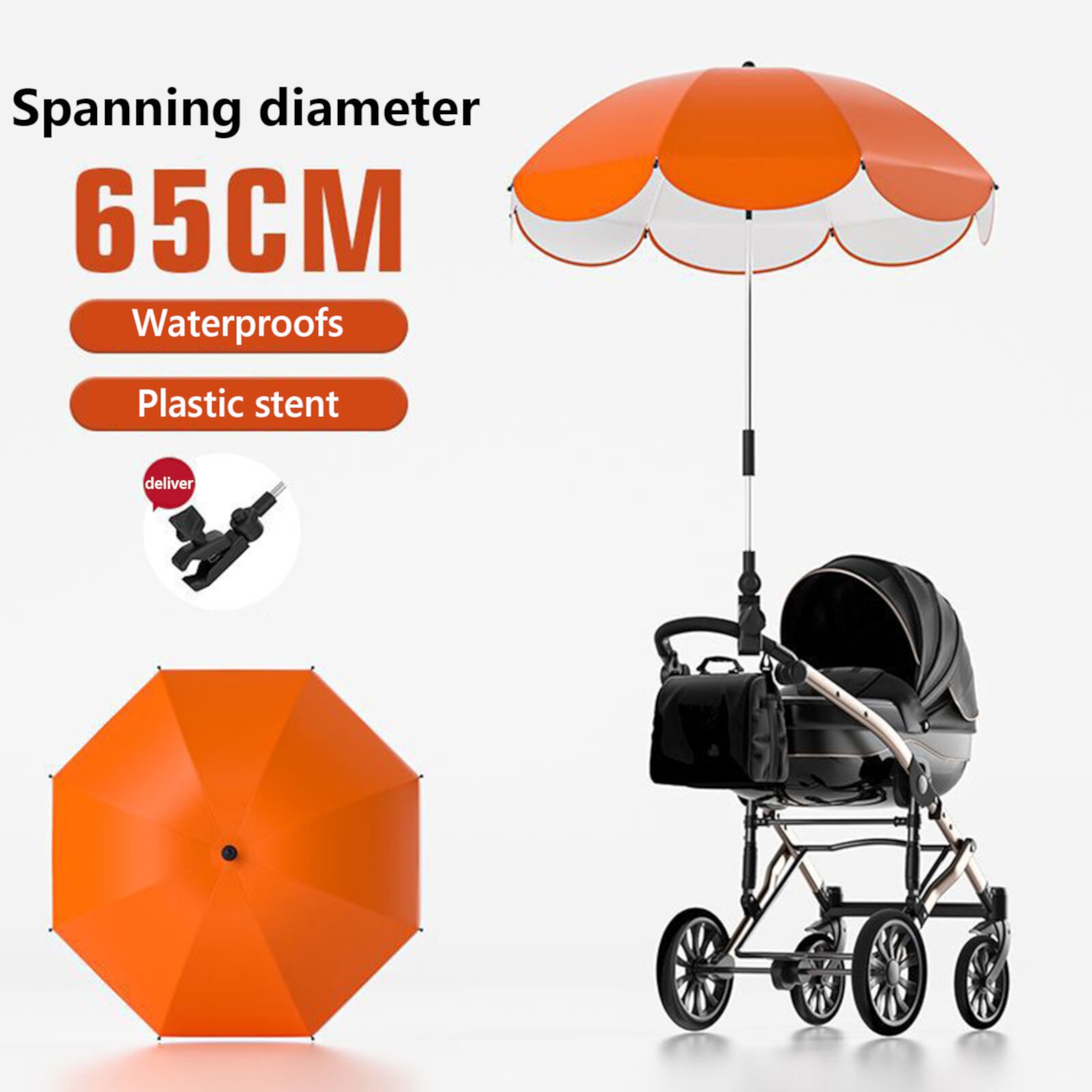 SPOORYYO Universal Baby Pram Sunshade Umbrella, Foldable Design, Easy Clamp for Strollers and Pushchairs, Steel Ribs, NC Cloth Material, Provides Shade for Child, Convenient to Carry SPOORYYO