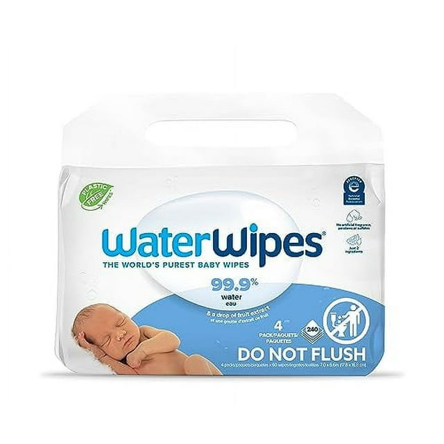 WaterWipes Plastic-Free Original Baby Wipes, 99.9% Water Based Wipes, Unscented & Hypoallergenic for Sensitive Skin, 240 Count (4 packs), Packaging May Vary WaterWipes