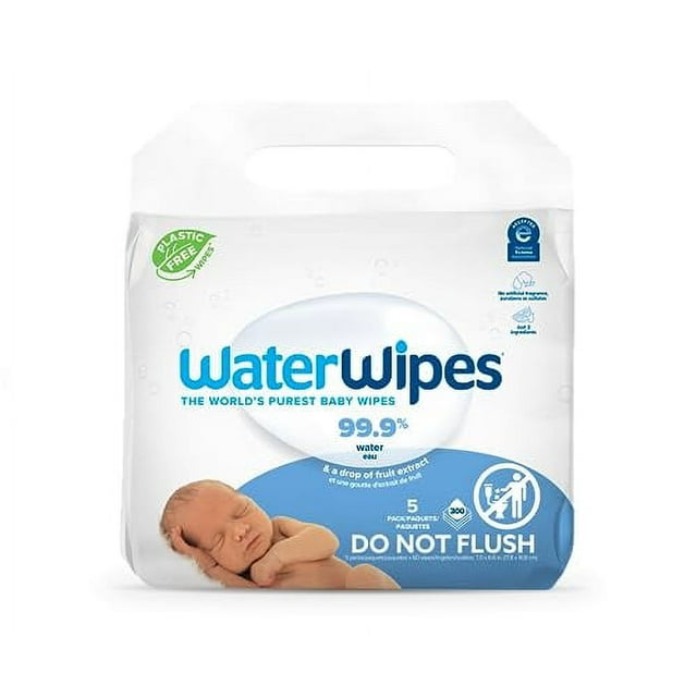 WaterWipes Plastic-Free Original Baby Wipes, 99.9% Water Based Wipes, Unscented & Hypoallergenic for Sensitive Skin, 300 Count (5 packs), Packaging May Vary WaterWipes