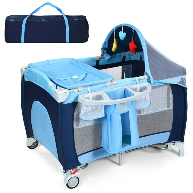 INFANS Nursery Center, 4 in 1 Pack and Play with Bassinet, Music, Detachable Mat, Awning, Mosquito Net, Storage Bag, Multifunction Baby Playard for Boys & Girls (Blue) INFANS