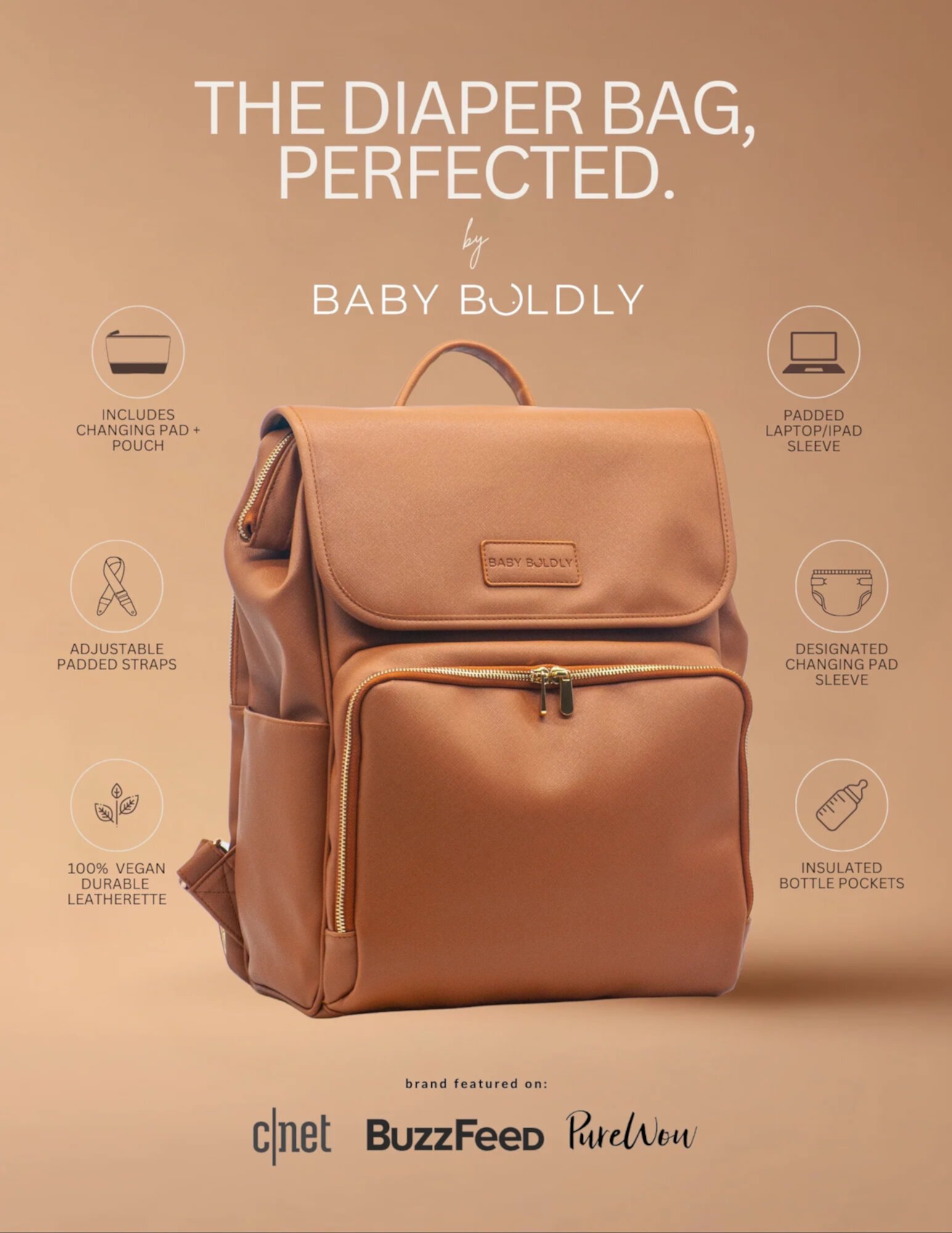 Diaper Bag Backpack for Mom Vegan Leather with Changing Pad and Cosmetic Pouch (Brown) Baby Boldly