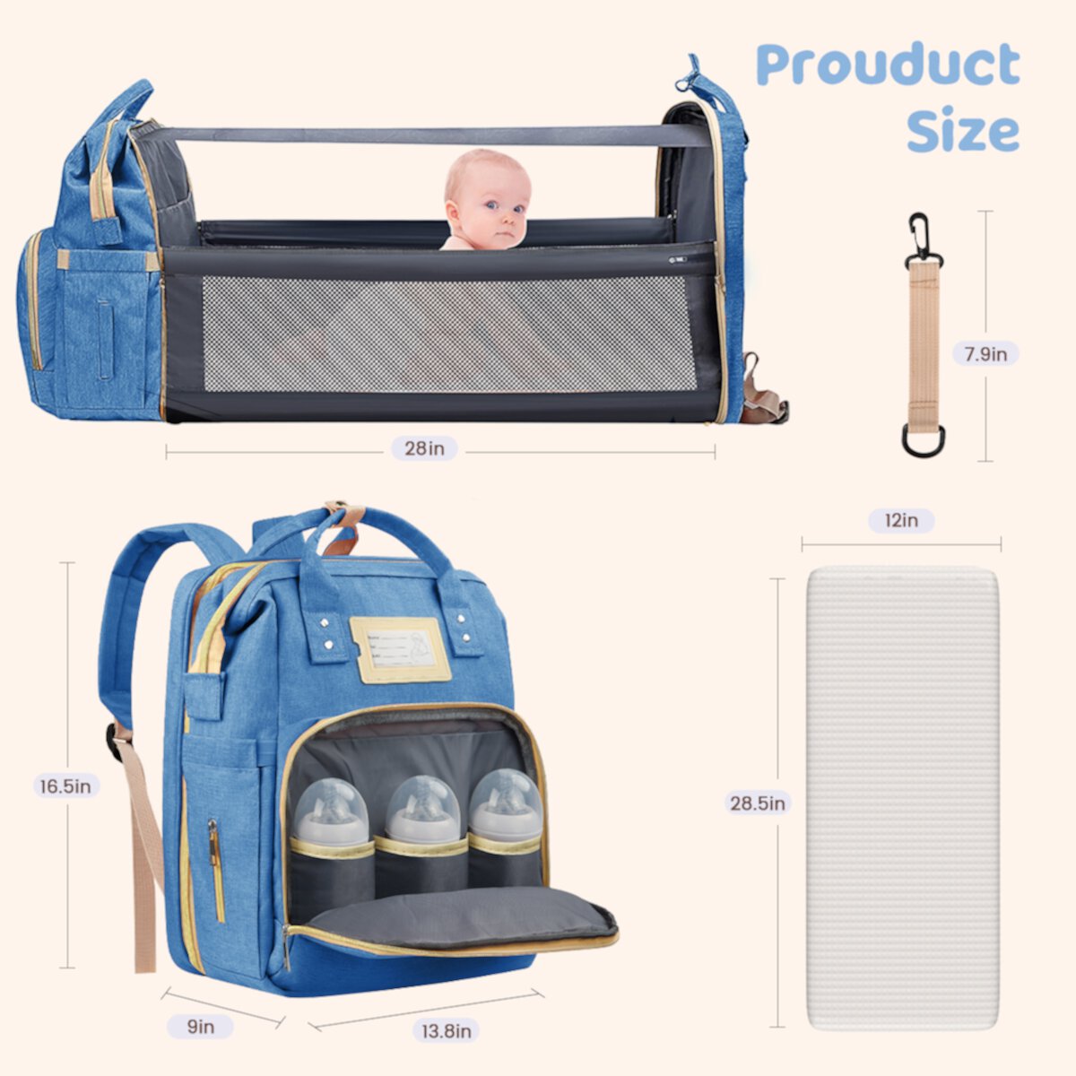 Diaper Bag Backpack, Multifunctional Baby Changing Bag with Foldable Crib & Insulated Milk Bottle Pocket, Large Capacity Travel Backpack with USB Charging Port & Stroller Strap (Blue) GPED