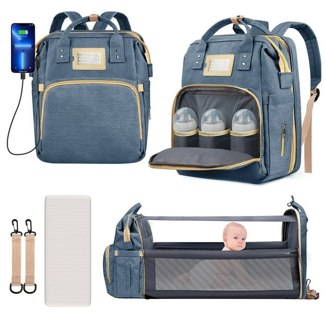 Diaper Bag Backpack, Multifunctional Baby Changing Bag with Foldable Crib & Insulated Milk Bottle Pocket, Large Capacity Travel Backpack with USB Charging Port & Stroller Strap (Dark Blue)) GPED