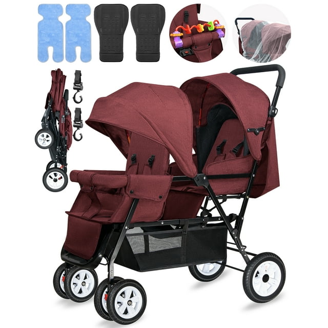 HUART Double Stroller, can Sit and Lie Down Lightweight Folding Children's Stroller, Red Huart