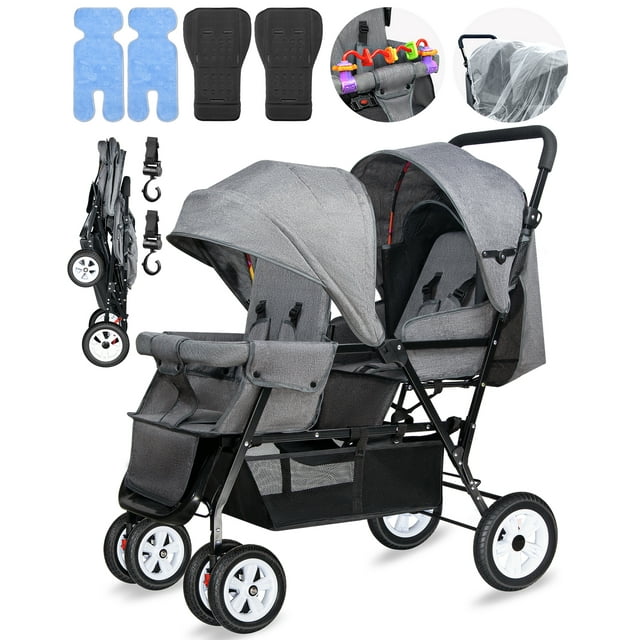 HUART Double Stroller, can Sit and Lie Down Lightweight Folding Children's Stroller, Gray Huart