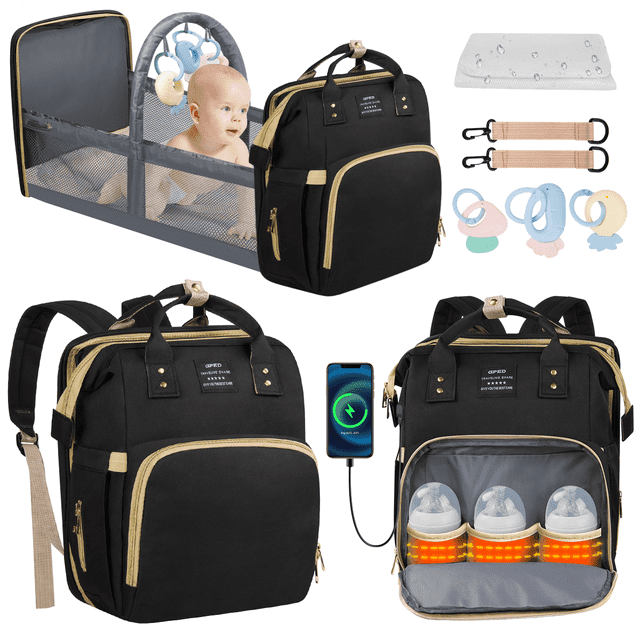 Diaper Bag Backpack, Multifunctional Baby Changing Bag with Foldable Crib & Insulated Milk Bottle Pockets, Large Capacity Portable Travel Backpack with USB Charging Port, Nappy Bag for Moms Dads,Black GPED