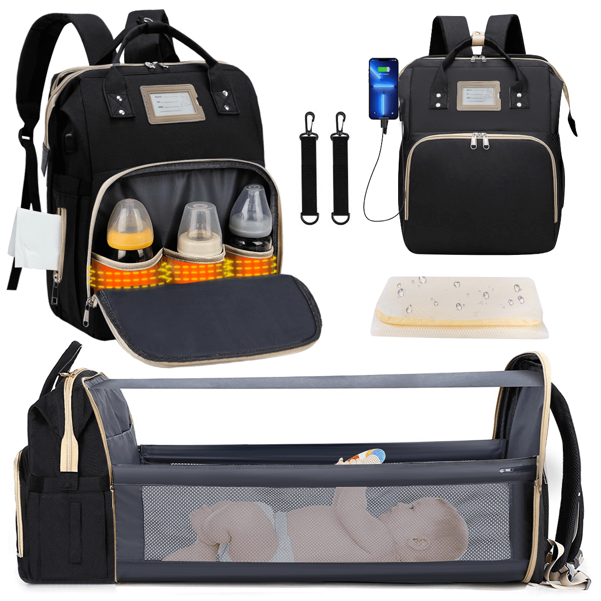 Diaper Bag Backpack - Tote - Multi function Waterproof Diaper Bag, Travel Essentials Baby Bag with Changing Pad, Stroller Straps & Pacifier Case - Unisex, Black GPED