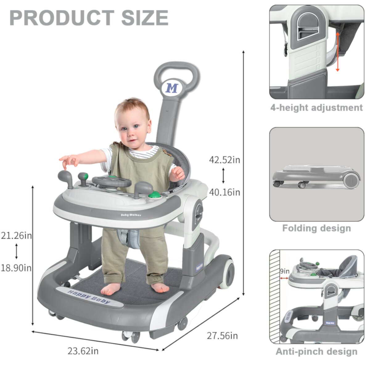 HAOUUCYIN 5-in-1 Baby Walker with Foot Pads/Handles for Girls Boys, Gray Visit the HAOUUCYIN Store