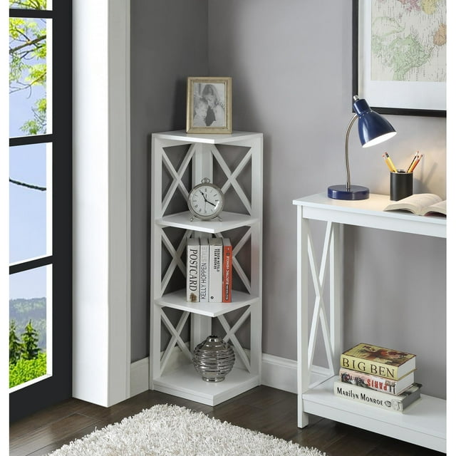 Convenience Concepts Oxford Three-Shelf Corner Bookcase in White Wood Finish Convenience Concepts