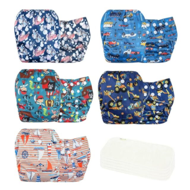 Wegreeco Washable Reusable Baby Cloth Pocket Diapers 5 Pack + 5 Rayon Made from Bamboo Inserts (Boy Car & Sail) Wegreeco