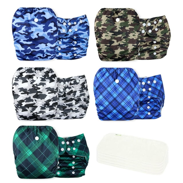 Wegreeco Washable Reusable Baby Cloth Pocket Diapers 5 Pack + 5 Rayon Made from Bamboo Inserts (Camo & Plaid) Wegreeco