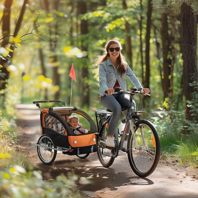 Aosom Elite 360 Swivel Bike Trailer for Kids Double Child Two-Wheel Bicycle Cargo Trailer With 2 Security Harnesses, Orange Aosom