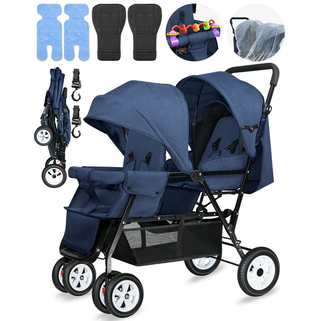 HUART Double Stroller, can Sit and Lie Down Lightweight Folding Children's Stroller, Blue Huart