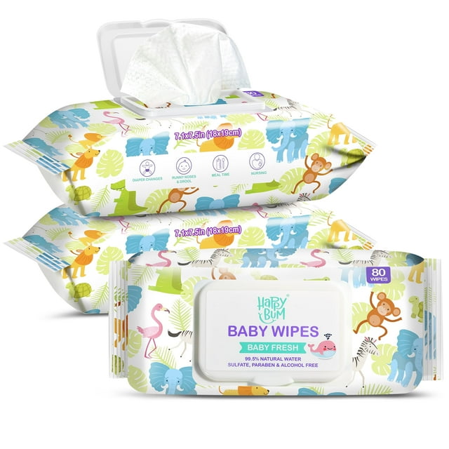 Baby Wipes HAPPY BUM Sensitive Baby Diaper Wipes, Unscented, 3 Flip-Top Packs (240 Wipes Total) HAPPY BUM