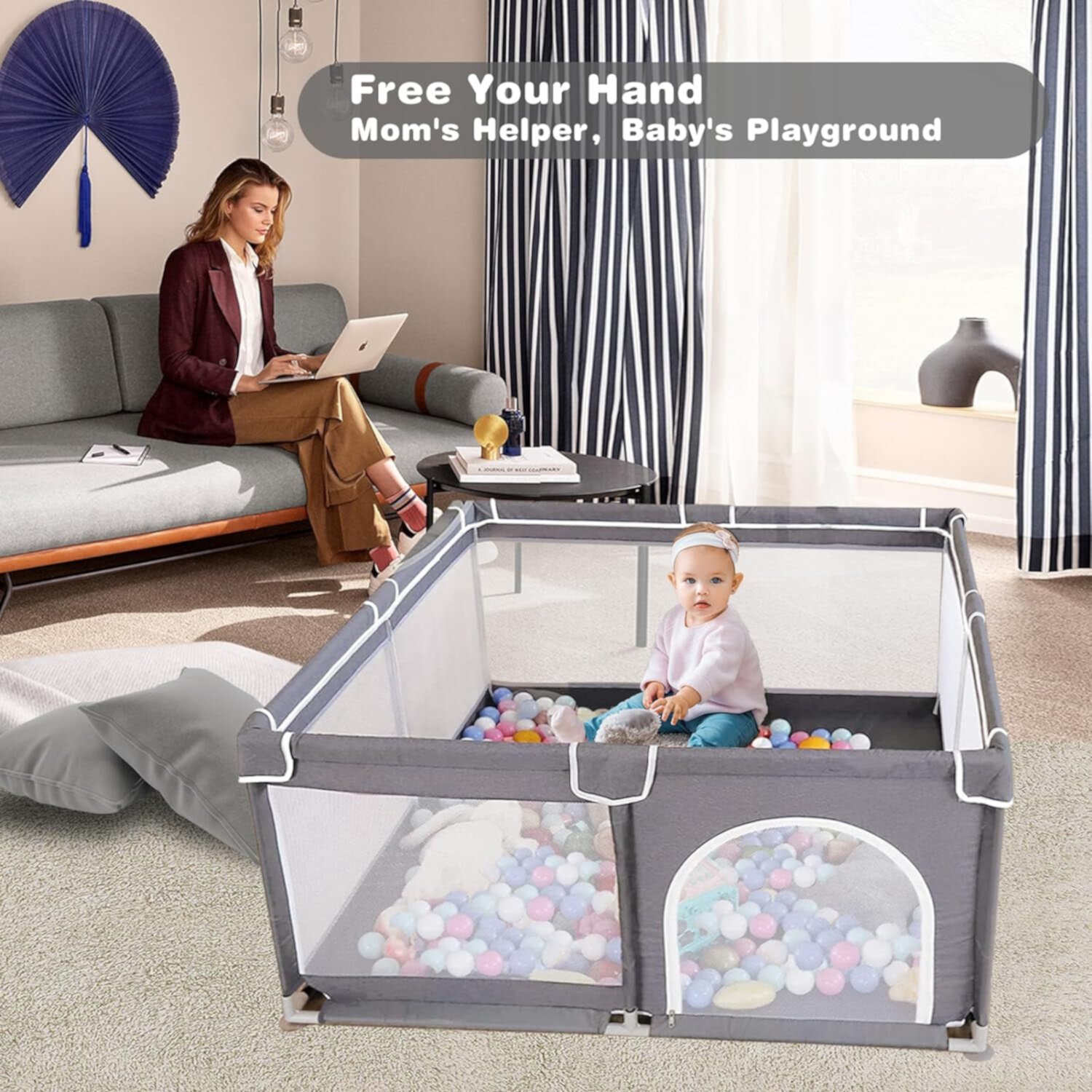 Kid Odyssey Baby Playpen for Babies and Toddlers, 71x59x27" Large Baby Playard, Infant Activity Center with Gate, Anti-Slip Base and Soft Breathable Mesh, Gray Kid Odyssey