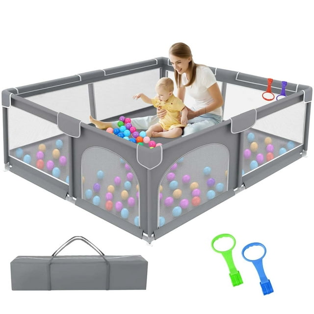 Kid Odyssey Baby Playpen, 50x50x27" Large Activity Center with Gate, Anti-Slip Base, Gray Kid Odyssey