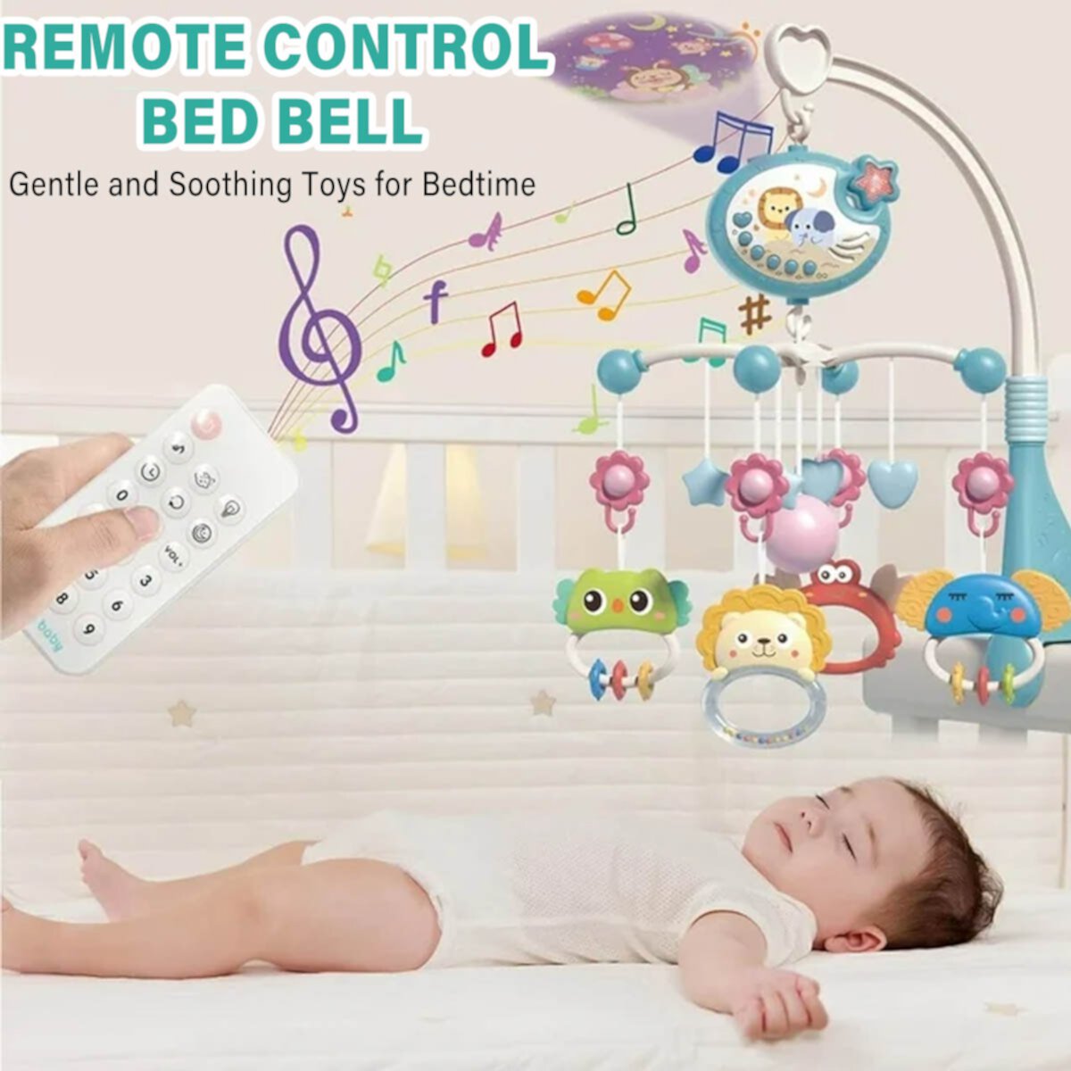 Petyoung Baby Crib Mobile Rattles with Timing Function Projector and Lights,Rotation Baby Musical Hanging Toy and Remote Control Music Box Baby Mobile  for Newborn 0-24 Months Petyoung