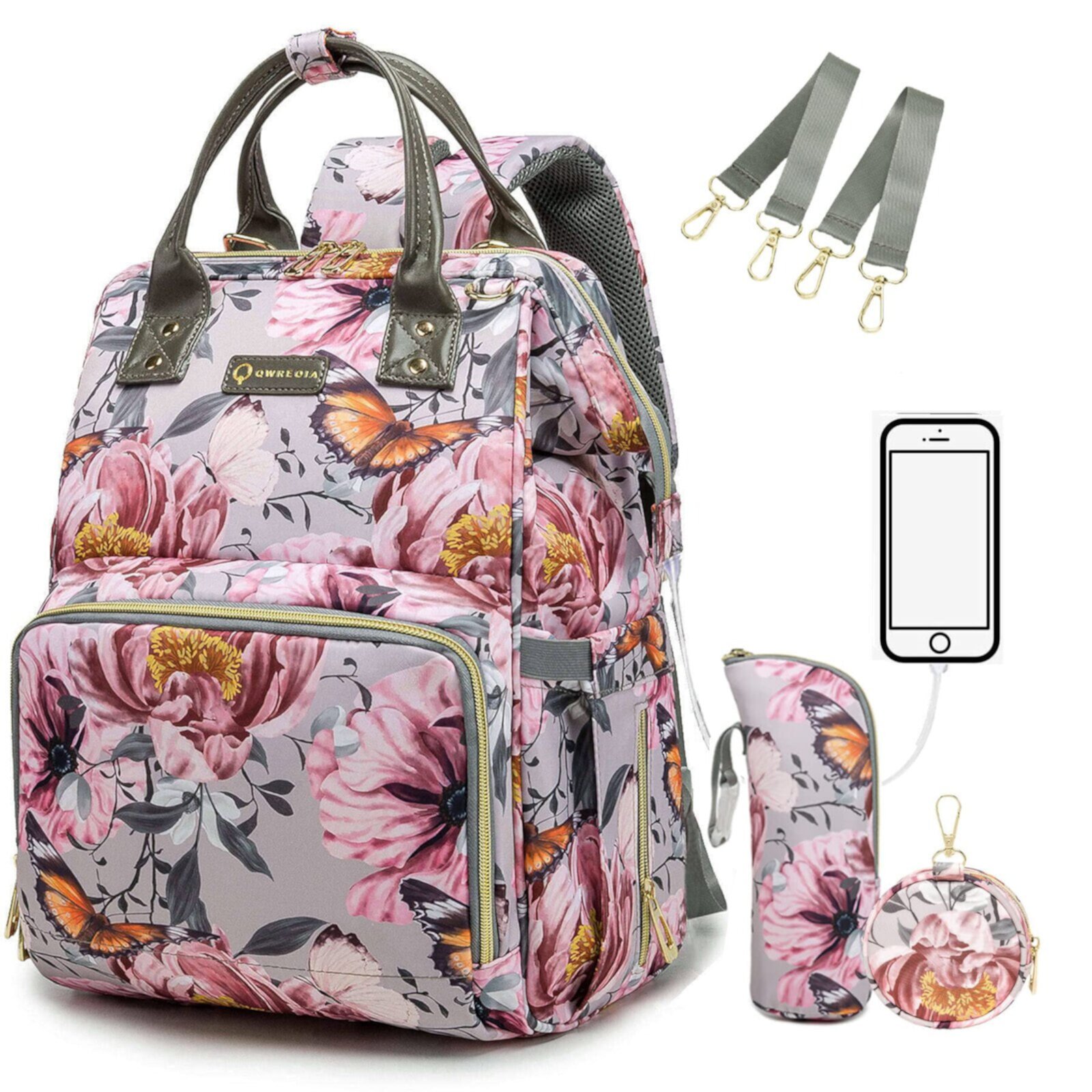 Floral Diaper Bag Backpack with Coin Bag USB Charging Port Stroller Straps and Insulated Pocket,Travel Nappy Backpack For Women/Mom (Grey Pink Flower Pattern) None