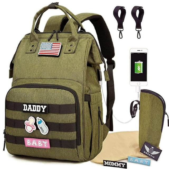 Diaper Bag Backpack for Dad and Mom with USB Charging Port Stroller Straps and Insulated Pocket,army military Travel Nappy Backpack for daddy mommy (Green) None