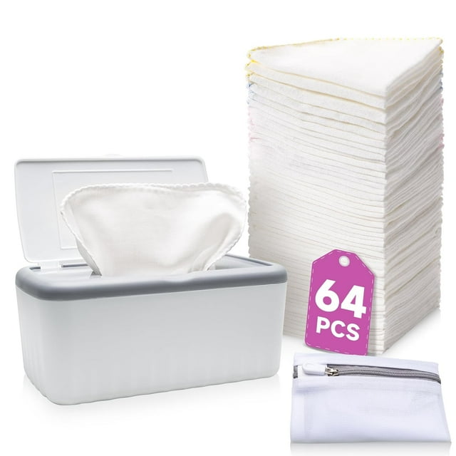 64 Pack Flannel Cloth Baby Wipes with Dispenser, Reusable, Skin-friendly, Washable Baby Wipes, Essential for Cloth Diapers HAPPY BUM