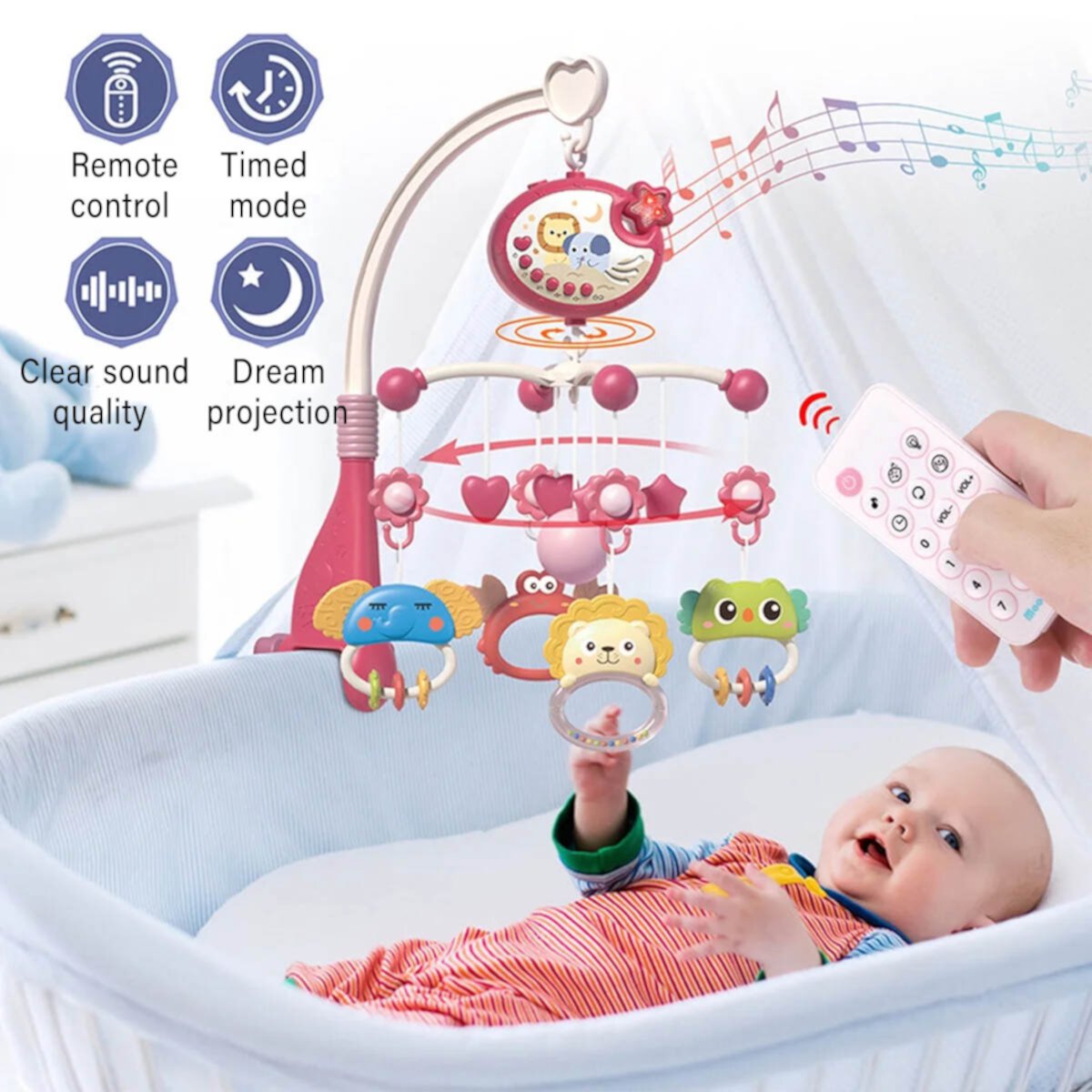 Petyoung Baby Musical Crib Mobile with Timing Function Projector and Lights,Hanging Rotating Rattles and Remote Control Music Box Toy for Newborn 0-24 Months Petyoung