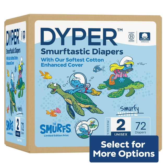 DYPER Cotton-Enhanced Diapers Smurfs Edition, Size 2, 72 Count (Select for More Options) DYPER